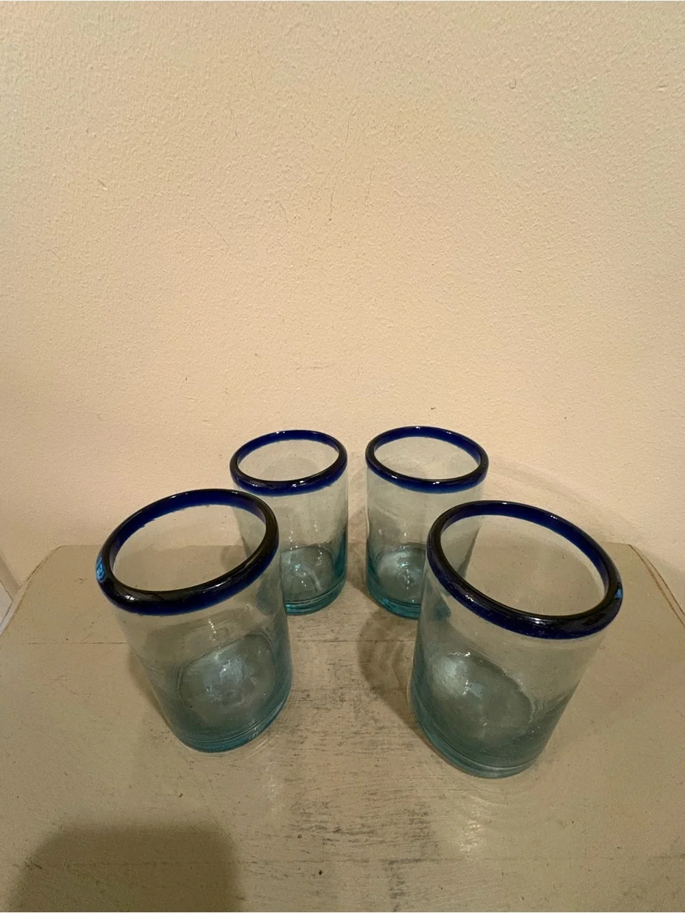 Four Cobalt Blue Rimmed Hand Blown Aqua Mexican Drinking Glasses